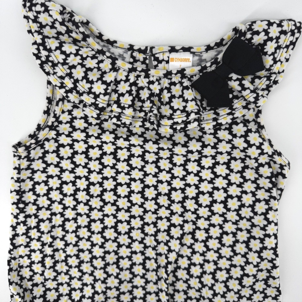 Gymboree Daisy Floral Top Girls Size 7 Black White Yellow Ruffle Peplum Bow